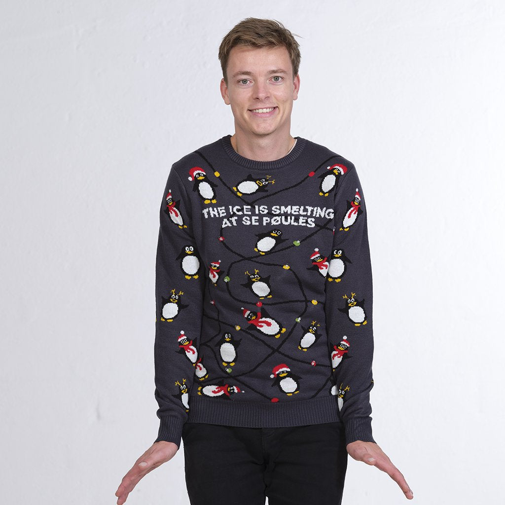 Un uomo in posa che indossa un maglione natalizio grigio con pinguini.